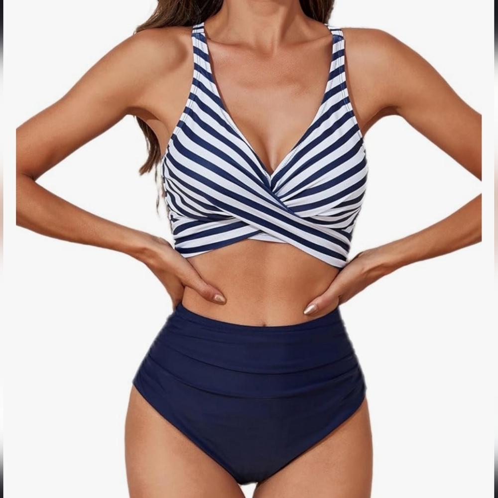 Nwt smismivo blue and white Striped high waist twist front bikini set